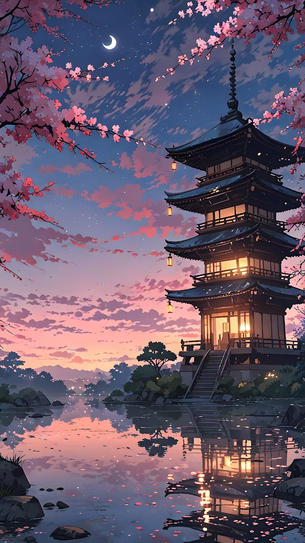 Japanese Pagoda Reflected in Water with Sakura Sunset