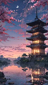 Japanese Pagoda Reflected in Water with Sakura Sunset