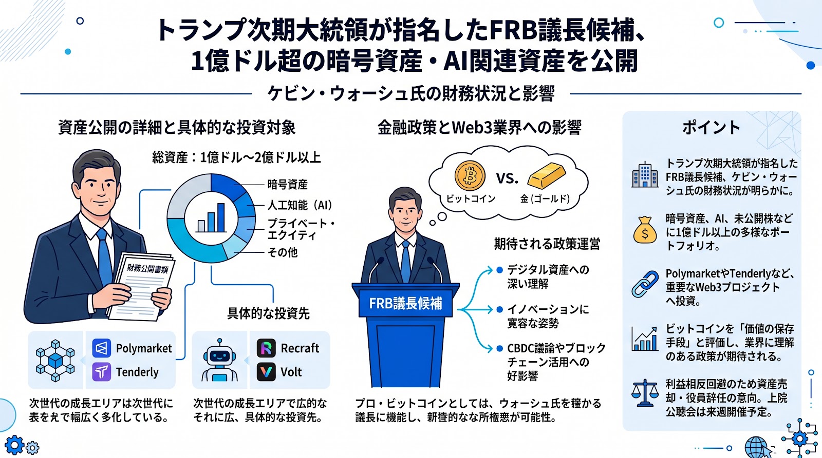 トランプ次期大統領が指名したFRB議長候補、1億ドル超の暗号資産・AI関連資産を公開