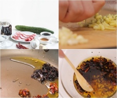 Tỏi, gừng, ớt tươi băm nhỏ. Đặt chảo lên bếp, đun sôi dầu, thả ớt, gừng, tỏi vào phi thơm. Thêm chút nước mắm. Đổ hỗn hợp vào một chiếc bát, thêm giấm, dầu mè, đường, muối trộn đều.