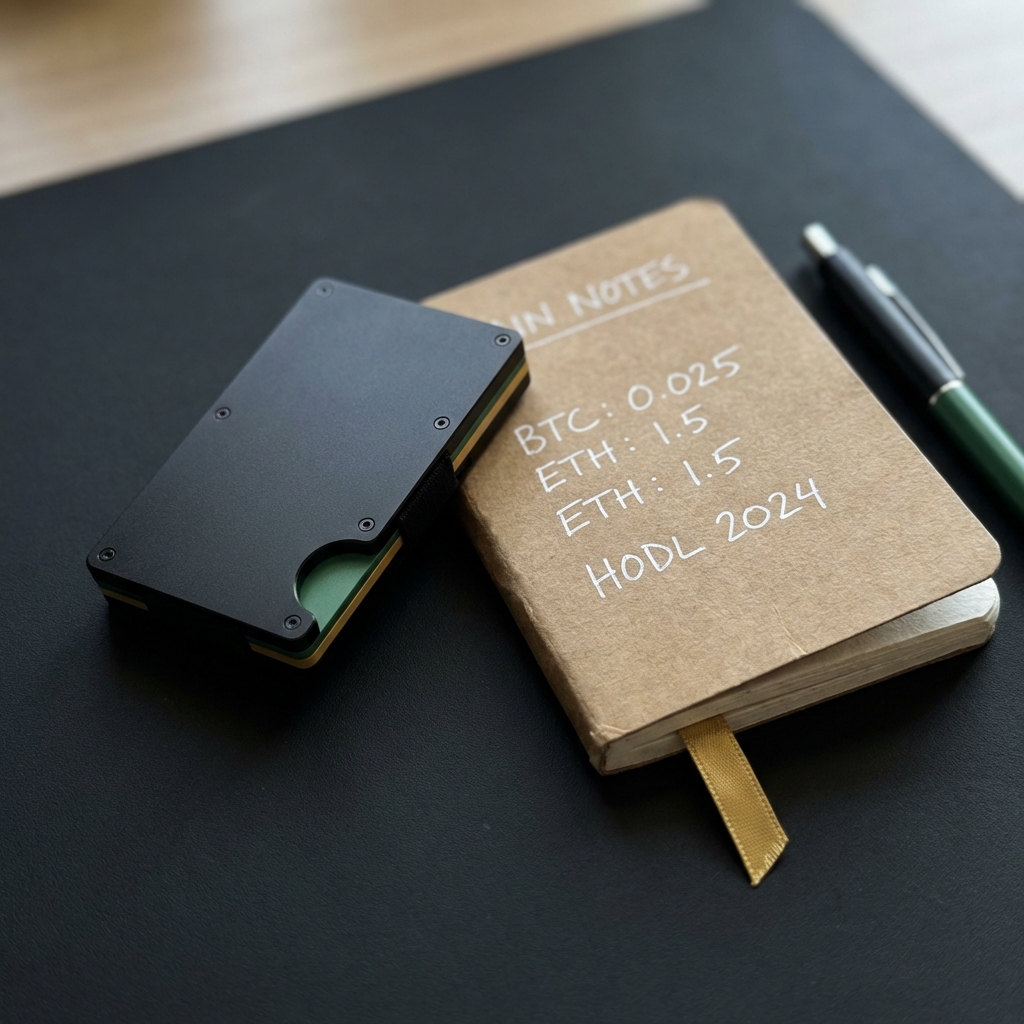 Close up photo of a hardware crypto wallet and a hand written notebook with financial notes on a dark charcoal background showing how much should I invest in crypto as a beginner