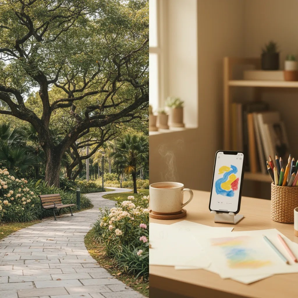 Stress relief activities Singapore options showing calming nature and creative expression for choosing the right activity