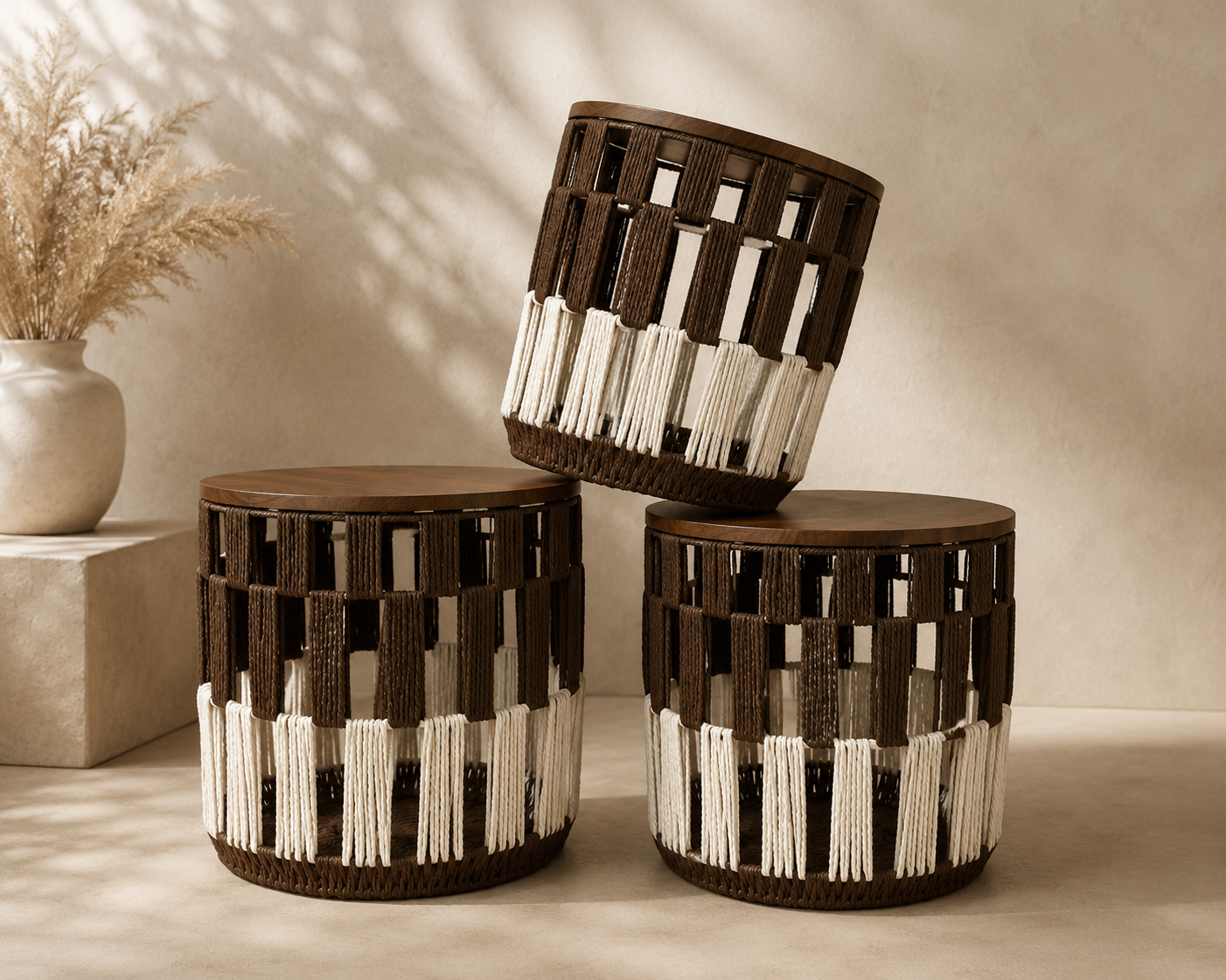 Dark Brown & White Woven Basket Set with Handles