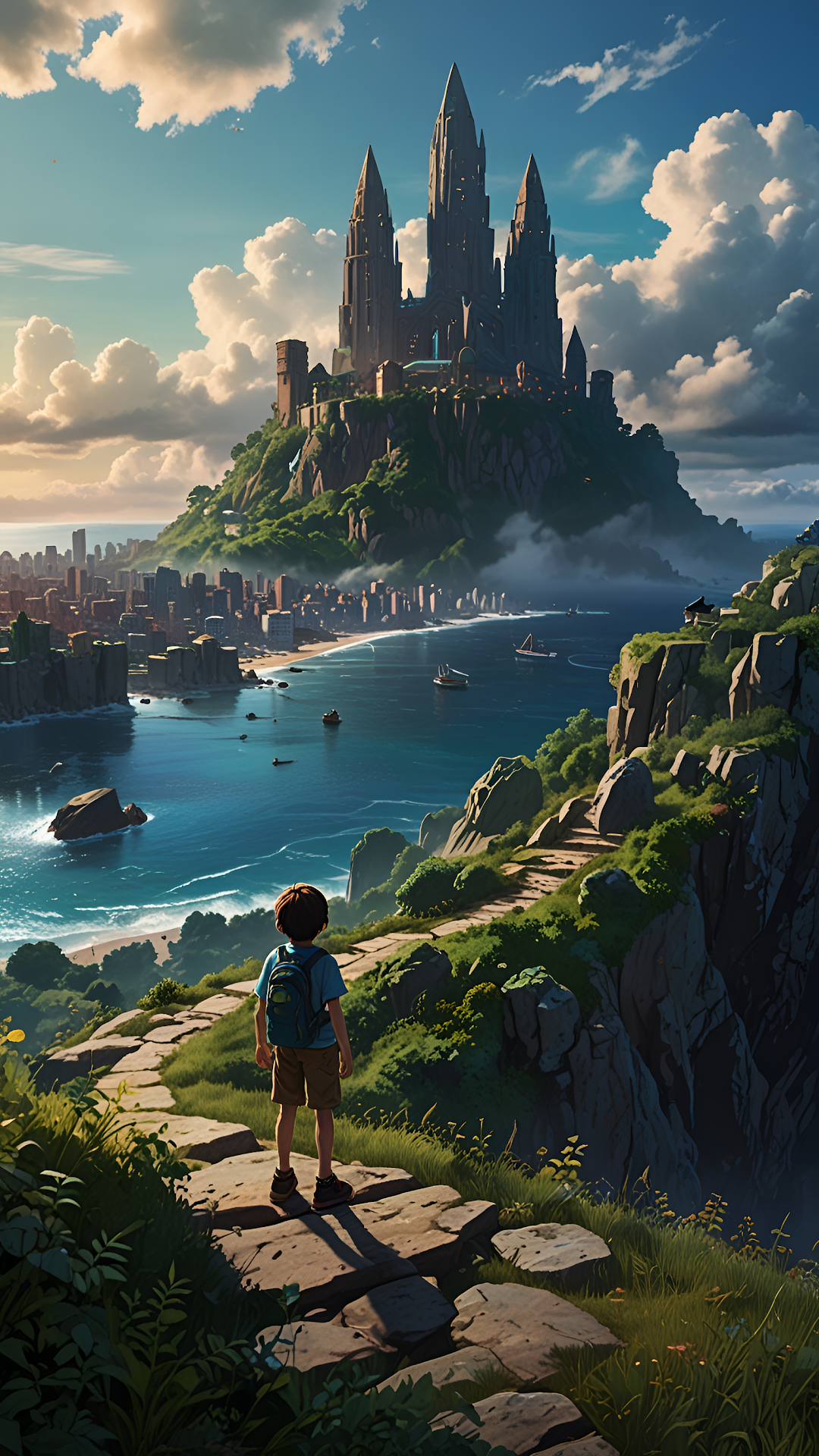 Young Explorer Castle View Coastal City Adventure - Free 4K mobile Wallpaper