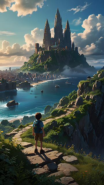 Young Explorer Castle View Coastal City Adventure - Free mobile Wallpaper