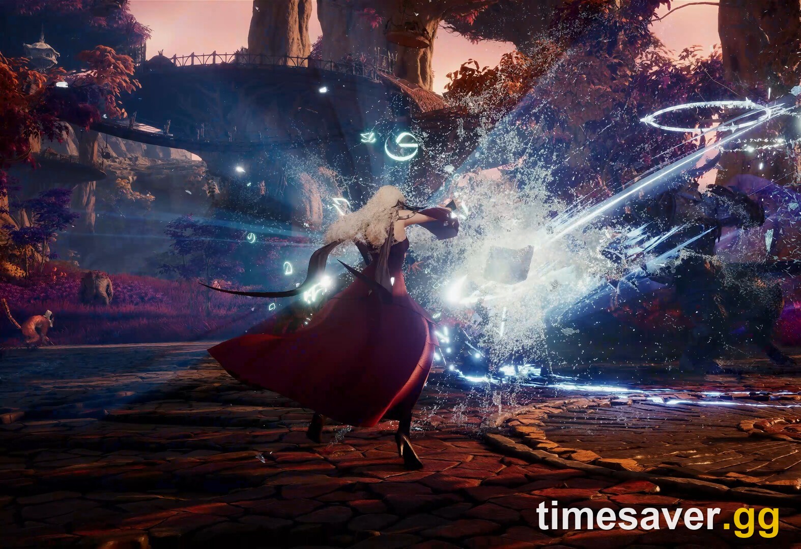 AION 2 mage casting a bright spell in a colorful forest, official NC gameplay screenshot