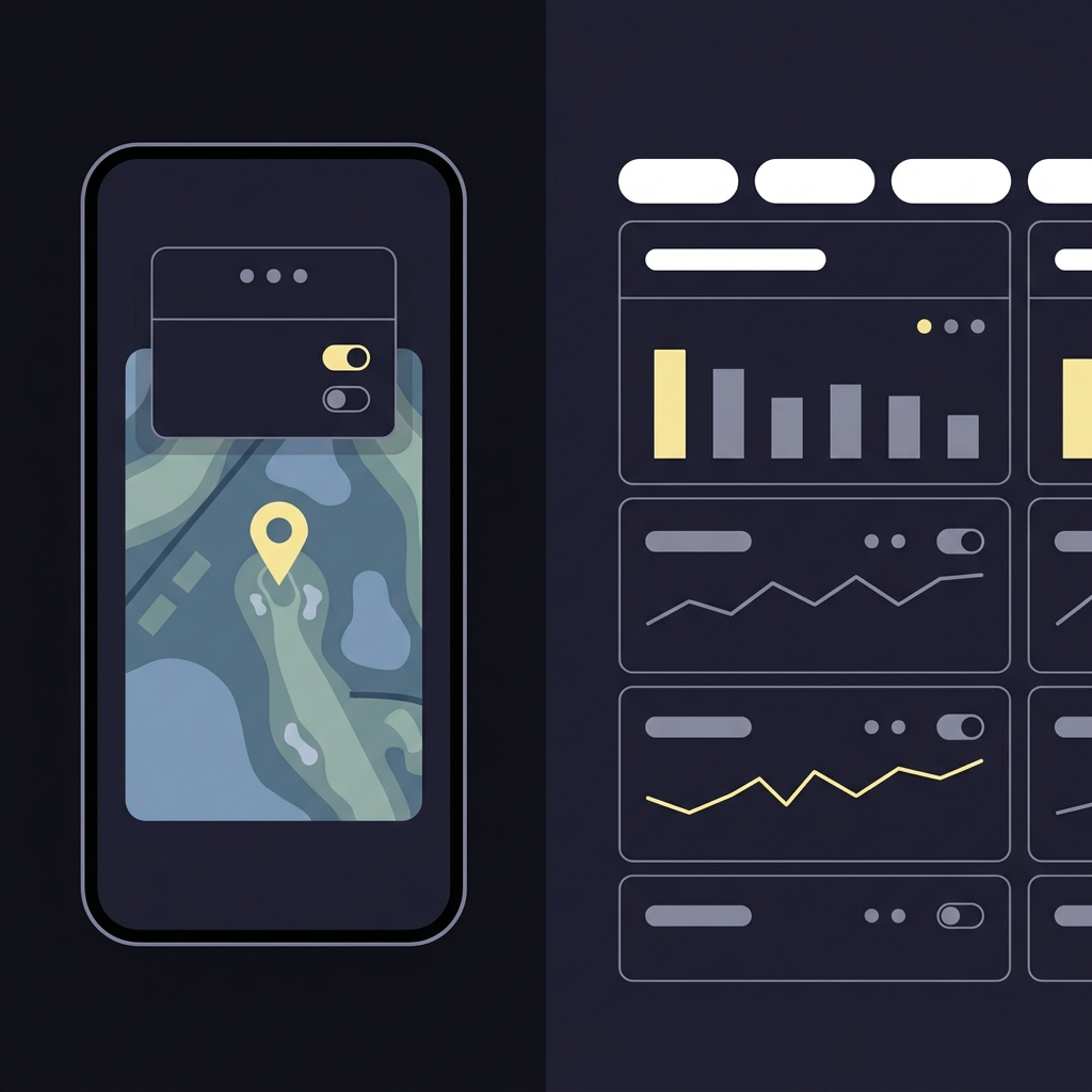 Minimalist 2D vector split showing a mobile geolocation permission screen on left and official tournament data feed tiles on right in Funded Plays palette for live golf betting
