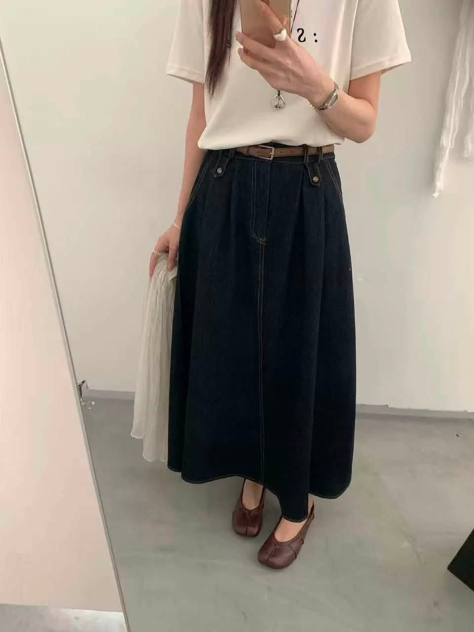 Chân váy dài jean xòe đính đai đinh lưng chun XONXEN SHOP 88820 – Image 10