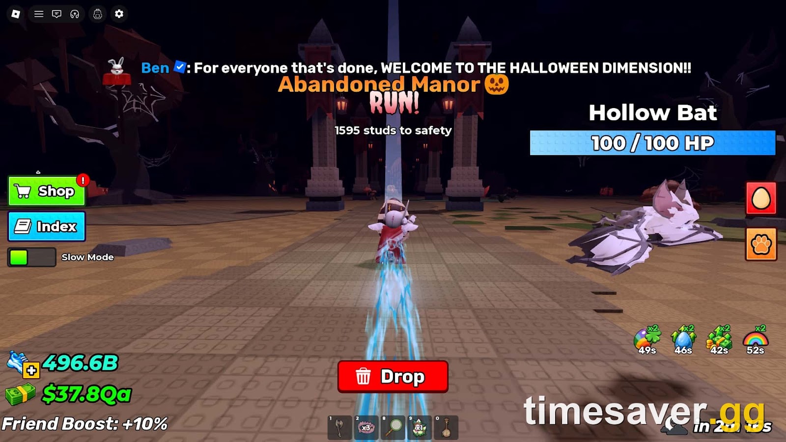 Steal An Egg player carrying an egg through the Abandoned Manor Halloween Dimension area
