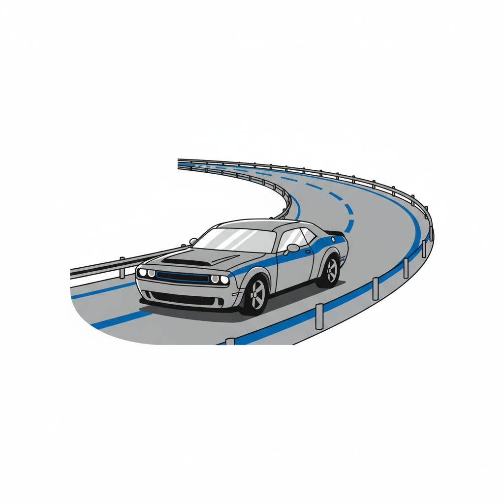 Minimal vector three quarter front view of a muscle car on a highway exit ramp in CarFax Deals colors white and blue ford mustang gt for sale