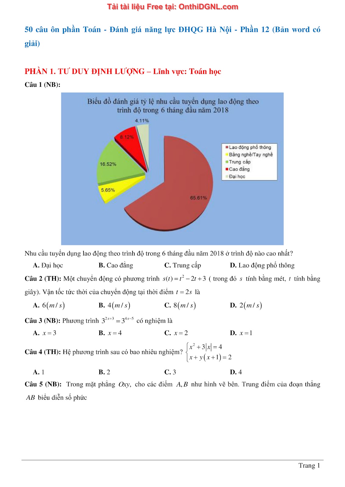 1300 bài tập môn Toán - Ôn thi ĐGNL ĐHQG Hà Nội Phần 12
