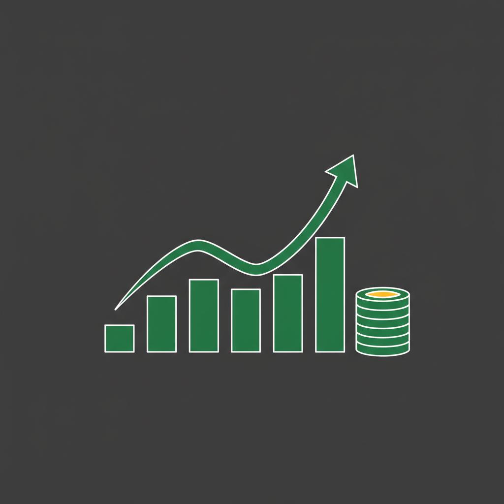 Minimal 2D vector candlestick chart and coin stack on dark background in Finance Police colors illustrating make 100 a day trading cryptocurrency