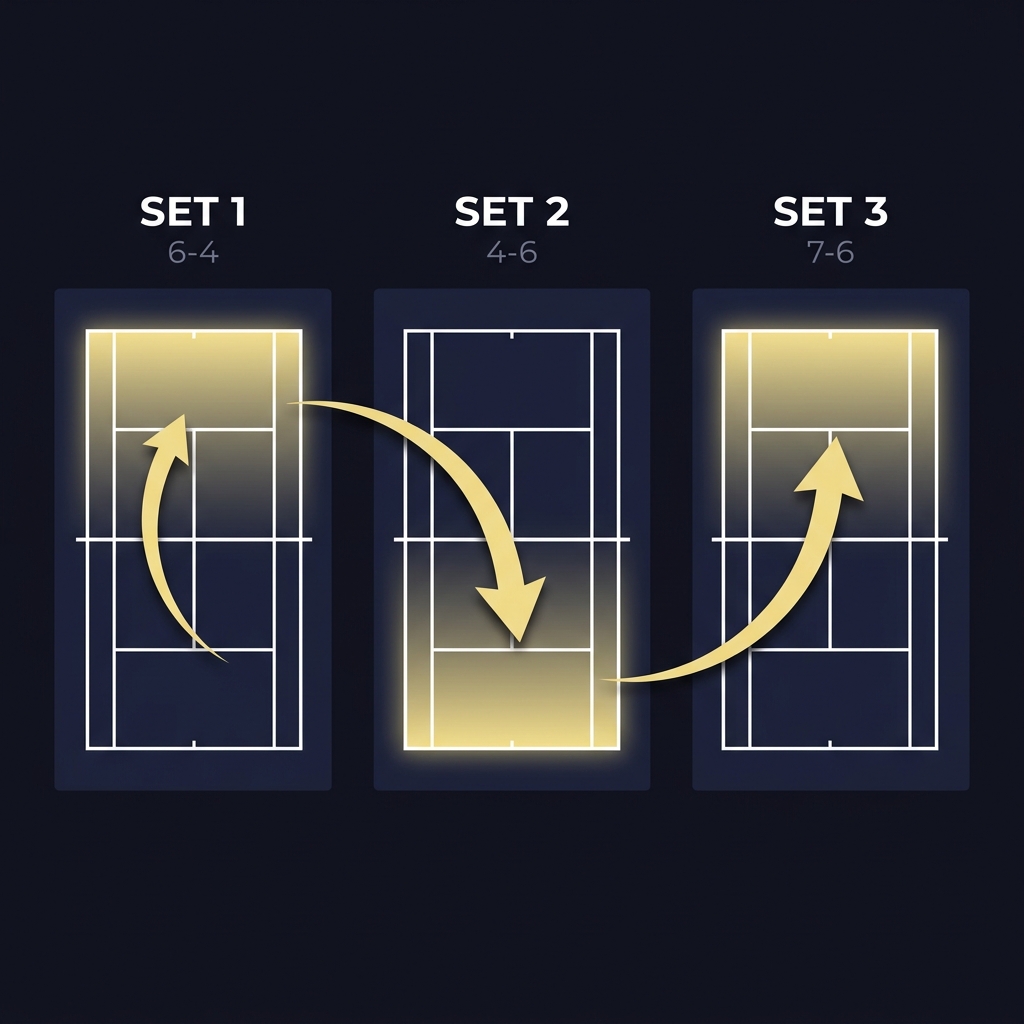 How Set Betting Markets Work illustration top down best of three tennis court with arrows showing momentum shifts between sets on dark Funded Plays style background