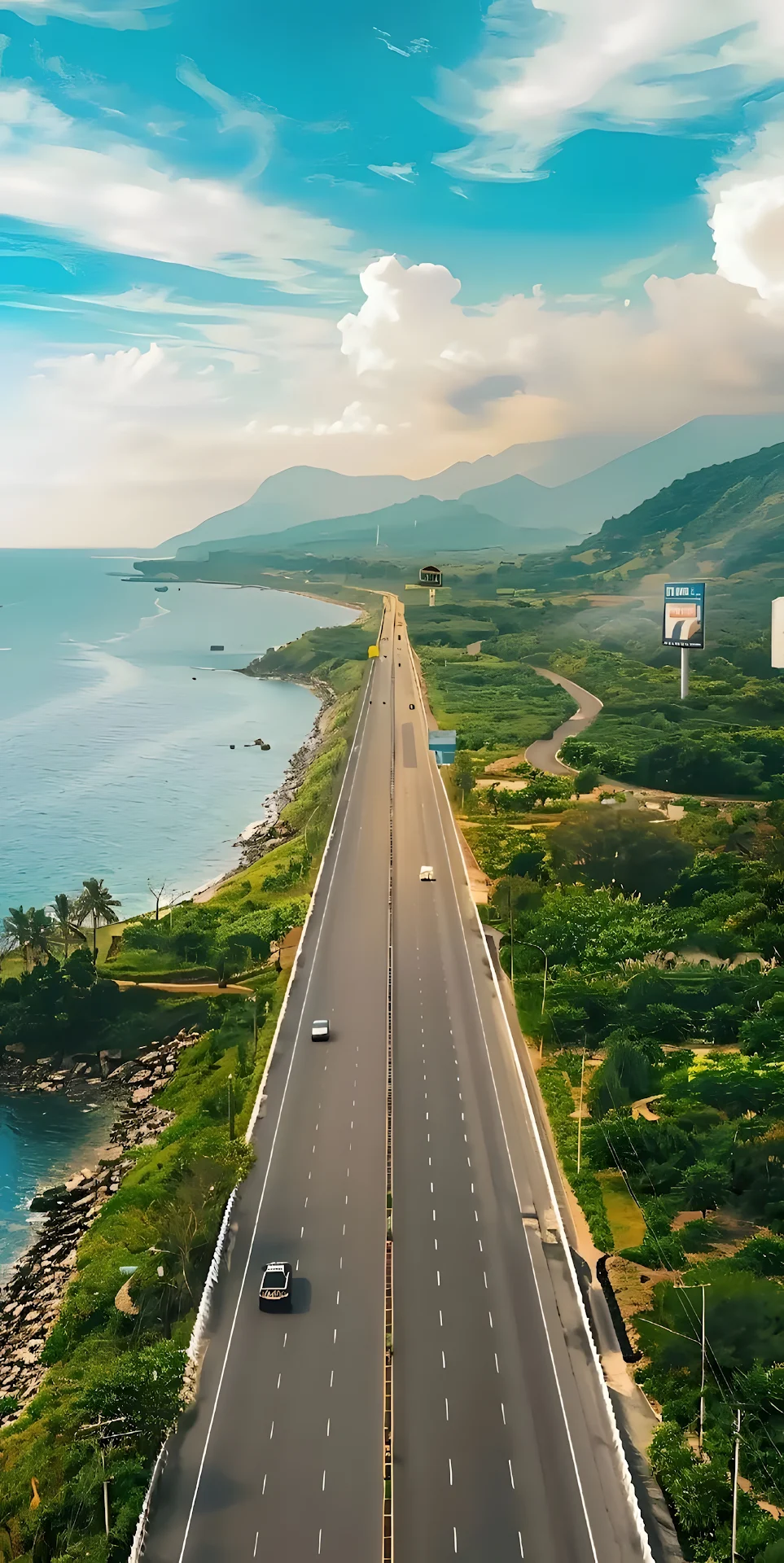 Aerial View of Coastal Highway beside Tropical Ocean - Free 4K mobile Wallpaper