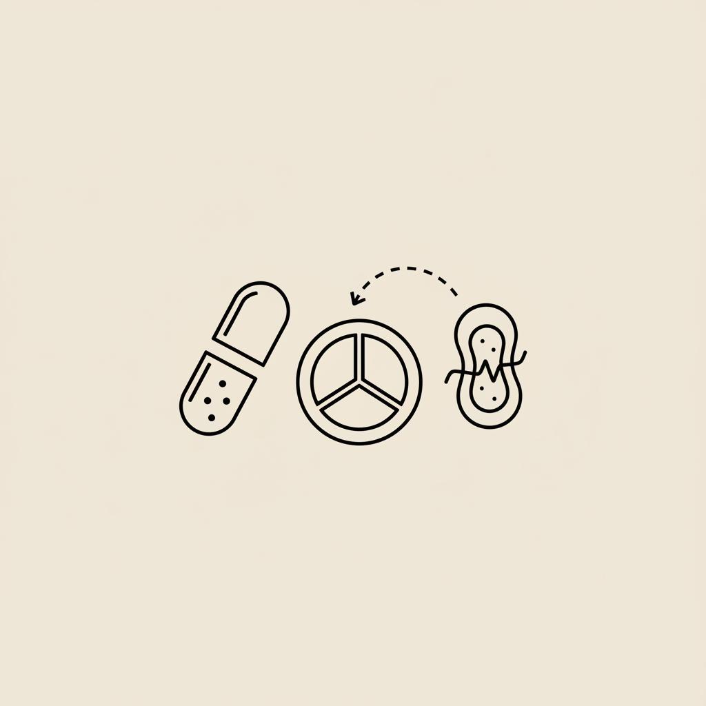 Tonum-style minimalist vector showing a capsule, mitochondrion icon, and balanced plate on beige background — best non-stimulant fat burner