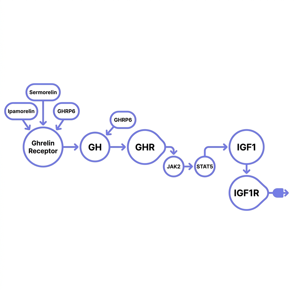 Simple schematic of GH IGF1 signaling pathway showing GH GHR ghrelin receptor peptides sermorelin ipamorelin ghrp6 and IGF1 cascade clean white background Peptide World style peptides for muscle growth