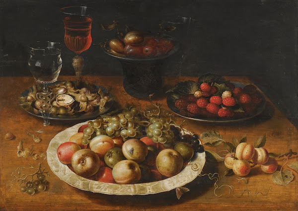 A Still Life Of Apples And Grapes In A Blue And White Porcelain Bowl