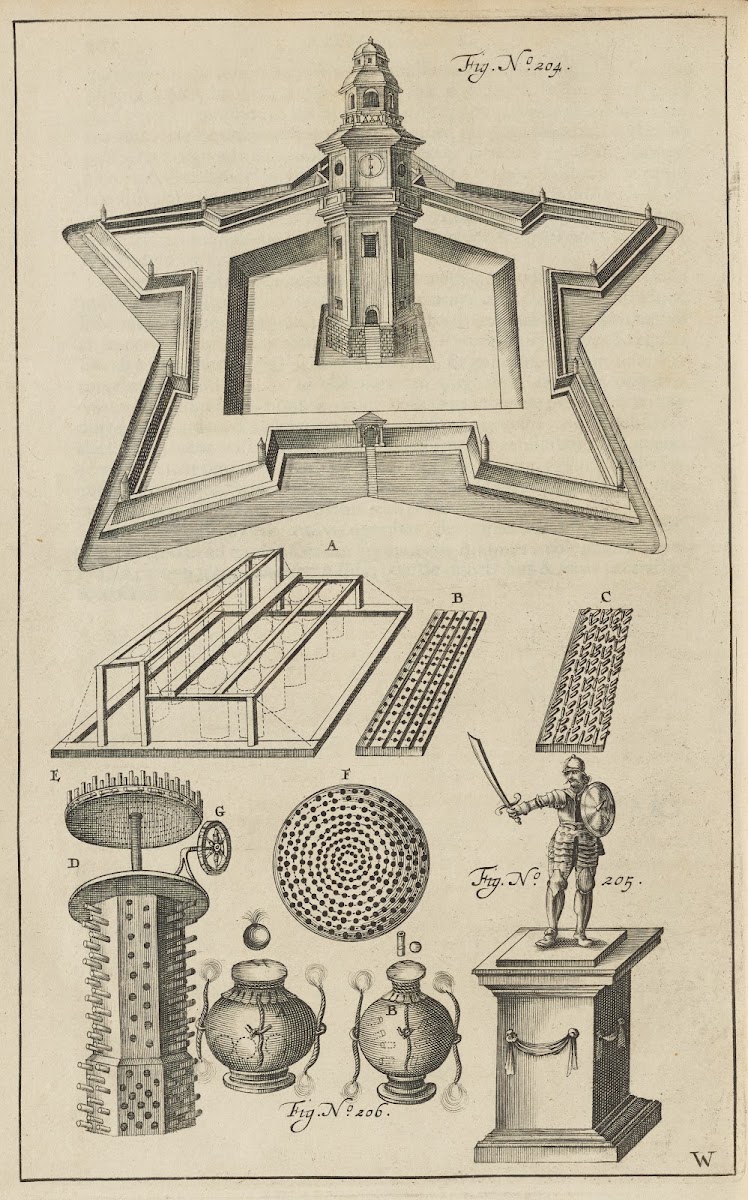 Plate W Pyrotechnic set piece of a fortified castle triumphal statue military py
