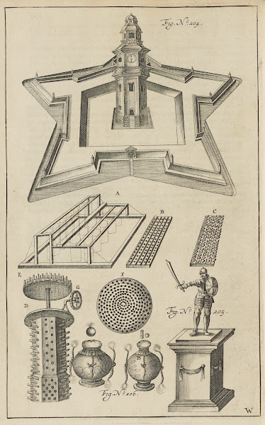 Plate W Pyrotechnic set piece of a fortified castle triumphal statue military py