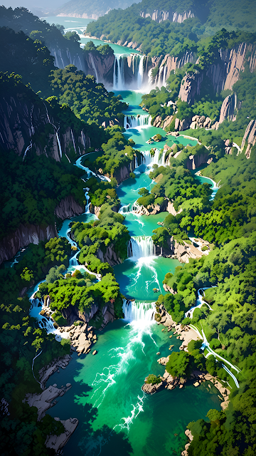 Vibrant Emerald Waterfalls Cascading Jungle River Valley - Free mobile Wallpaper