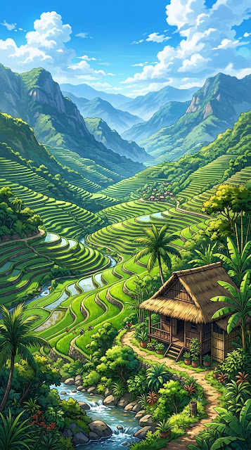 Verdant Rice Terraces and Traditional Mountain Hut - Free mobile Wallpaper