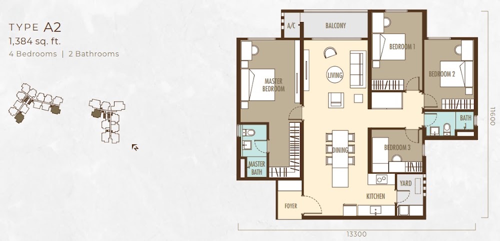 Ayanna Type A2 floor plan — 1340 sq ft, 4 bedrooms