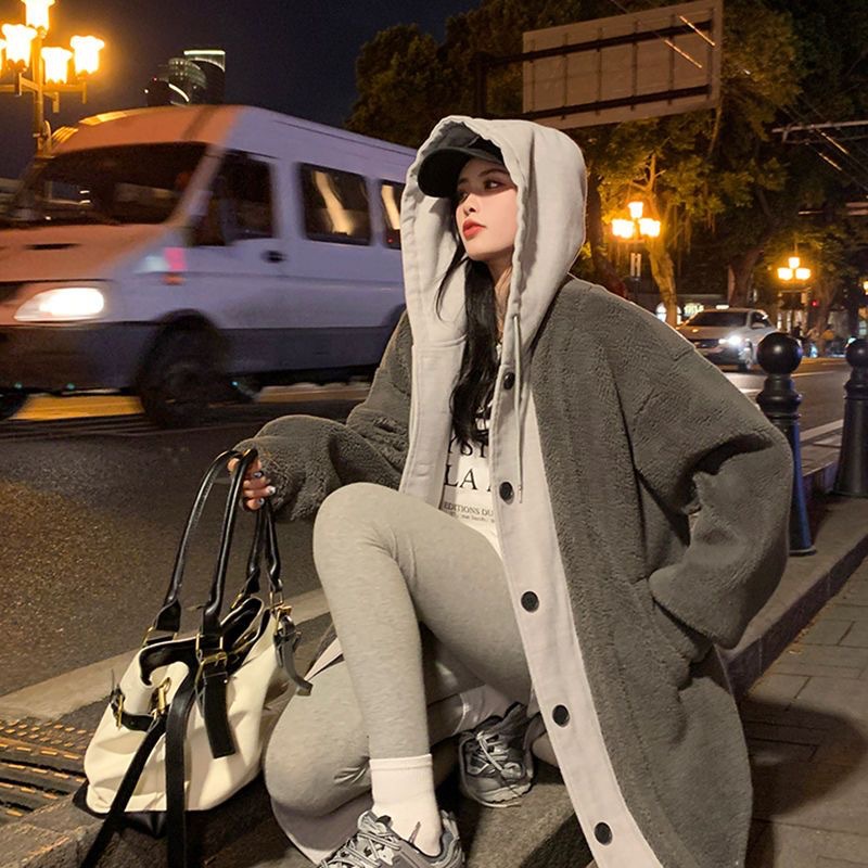 Long Women's Hoodie made from Lamb Fleece Imitation