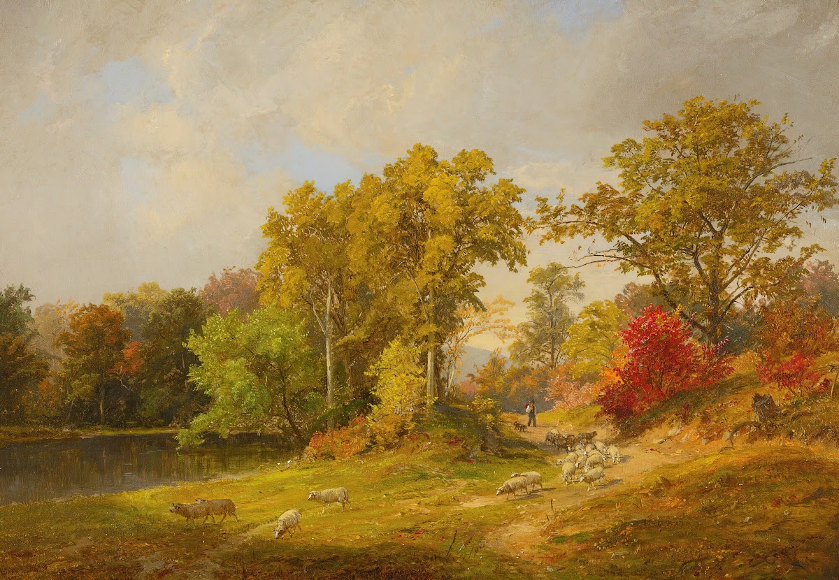 Autumn Landscape With Shepherd Dog And Sheep