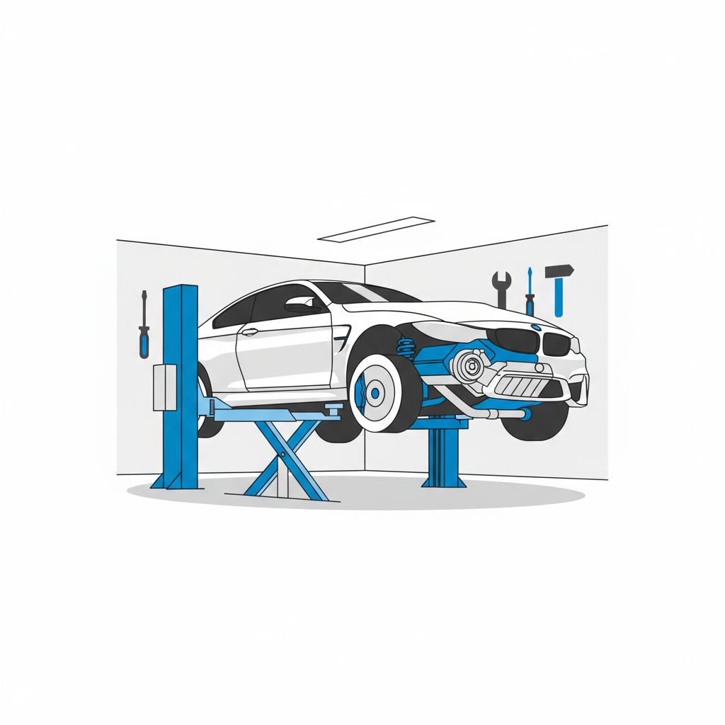 Vector illustration of BMW M4 undercarriage on a lift in a clean garage showing turbocharger area and tools in background minimalist white and blue palette bmw m4 for sale