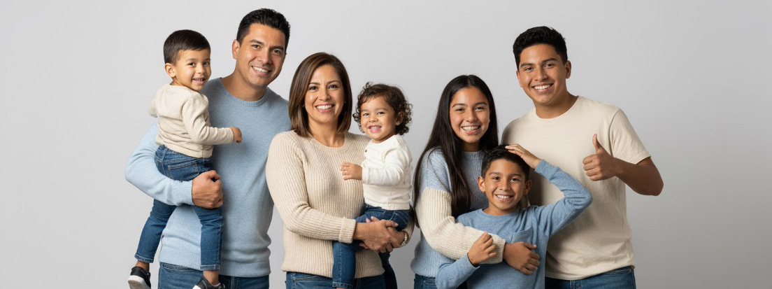 Family of seven on a gray studio background, parents standing with two toddlers in arms, teen daughter, older son giving a thumbs-up, and younger son smiling.