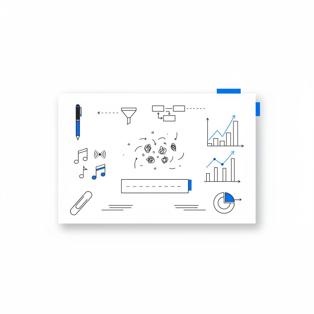 Minimal flat-lay vector of a marketing notebook with sketches of call-spike charts, a vanity URL box, music-note icons and radio elements in Agency Visible colors.