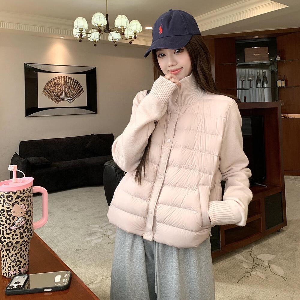 Short Women's Down Jacket with Knit Sleeves