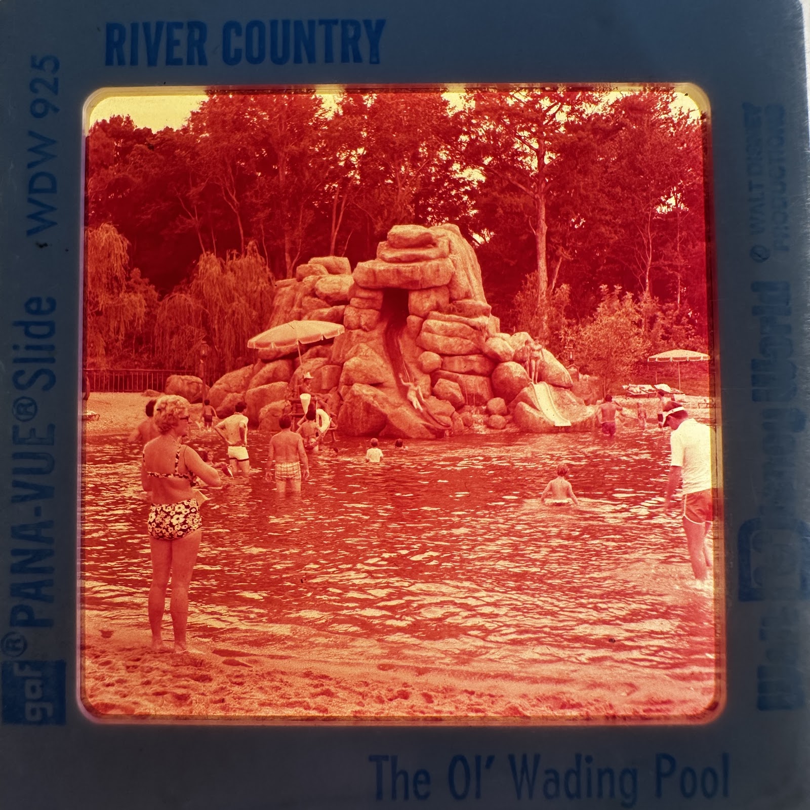 GAF Pana-Vue 2x2 color slide in plastic mount showing the River Country wading pool area at Walt Disney World, circa 1976–1980, with visible magenta cast from age