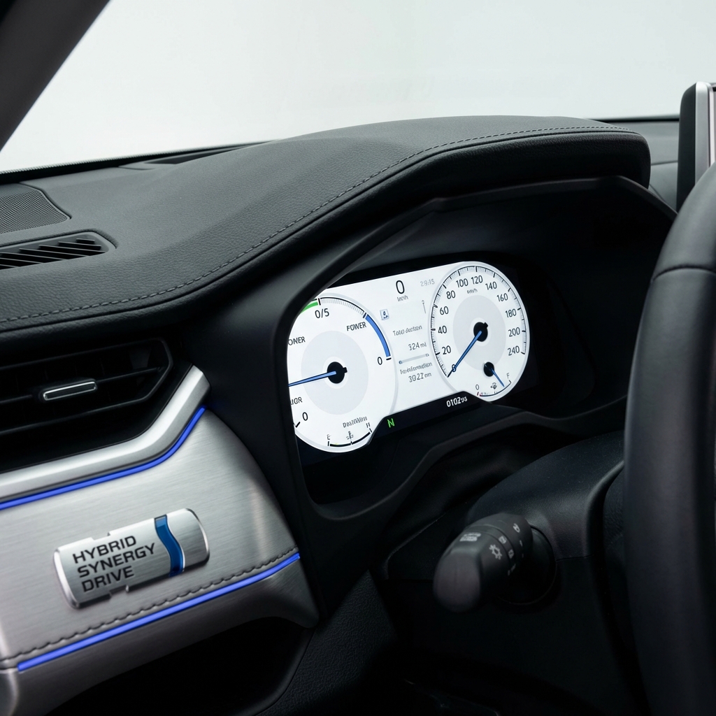 Close up of toyota rav 4 hybrid for sale interior instrument cluster and hybrid powertrain badge on white background with subtle blue CarFax Deals accents