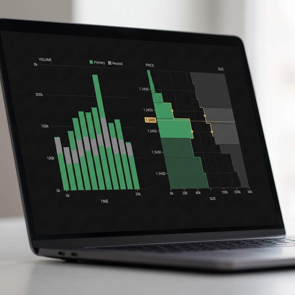 Close up laptop screen showing volume chart and order book depth chart side by side in a minimalist finance UI for coins market with dark background and green accents