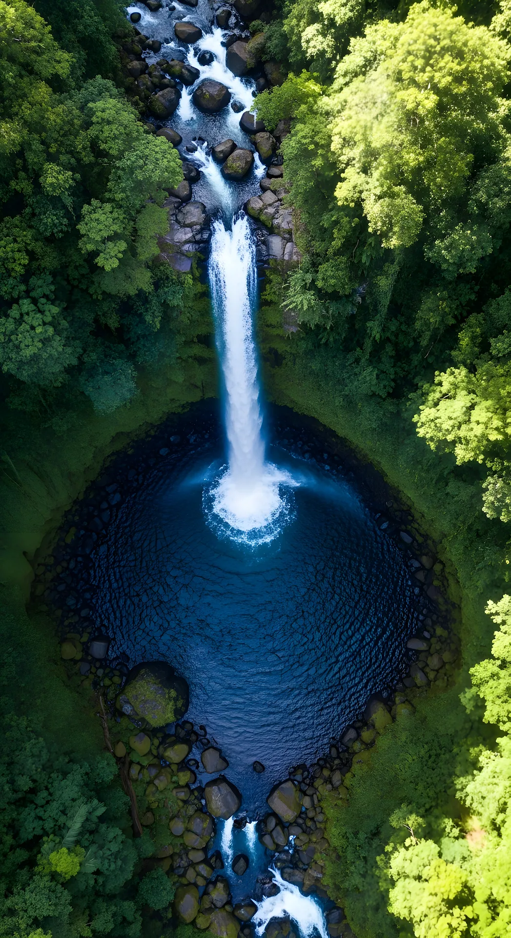 Aerial Top-Down View of a Rushing Jungle Waterfall and Deep Blue Plunge Pool - Free 4K mobile Wallpaper