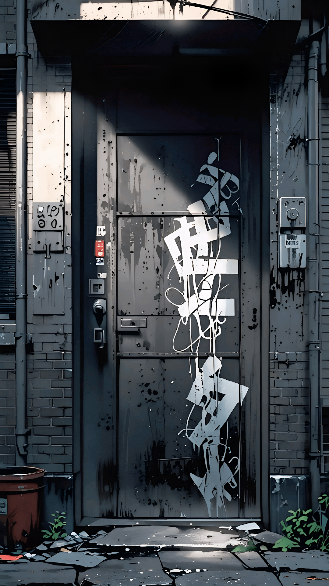 Gritty Urban Alley Door with Abstract White Graffiti Art - Free 4K mobile Wallpaper