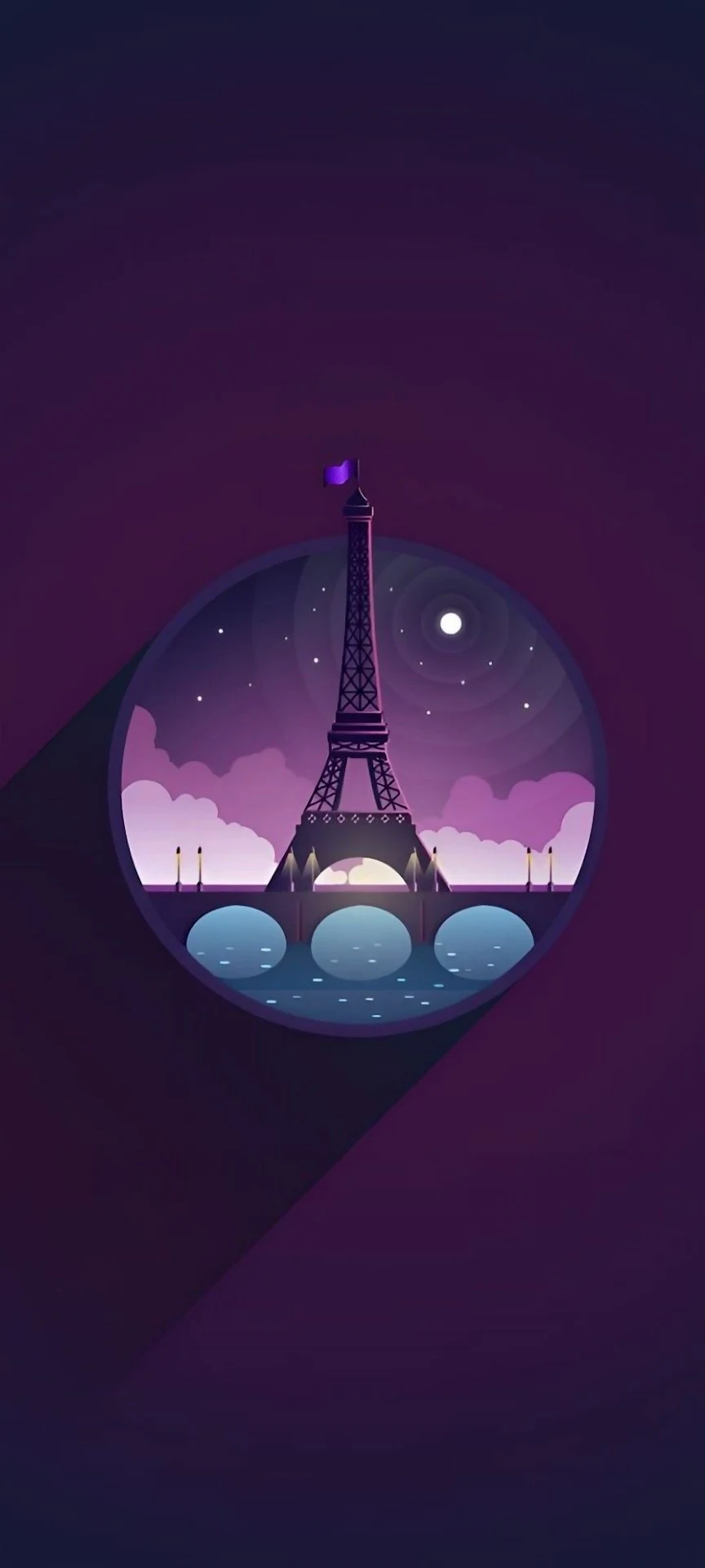 Stylized Eiffel Tower Illustration in Purple Night Circle Frame - Free 4K mobile Wallpaper