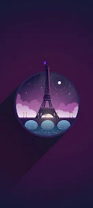 Stylized Eiffel Tower Illustration in Purple Night Circle Frame