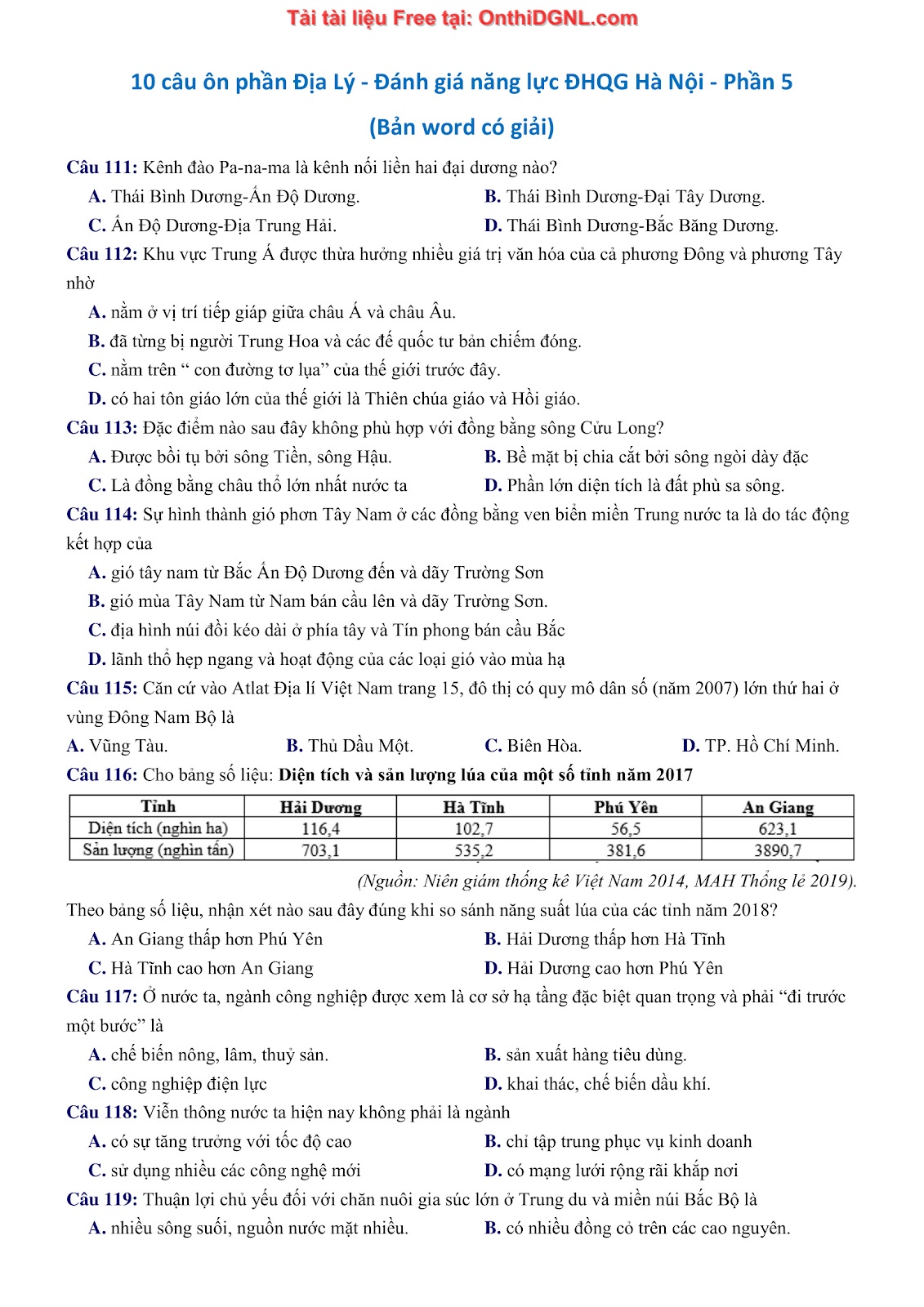 150bài tập môn Địa Lý - Ôn thi ĐGNL ĐHQG TP hà nội Phần 5