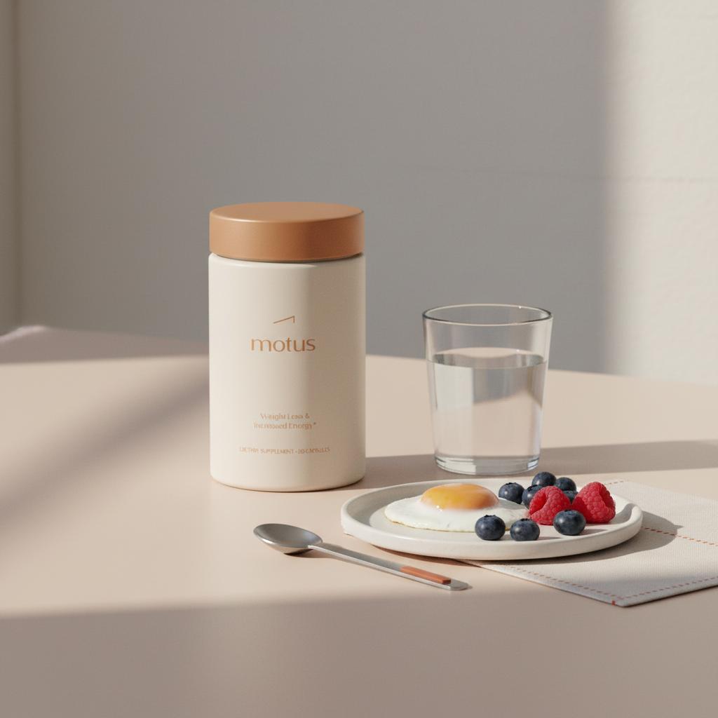 Motus supplement container on a light beige tabletop with measuring spoon, glass of water, and plate of egg whites and berries — are appetite suppressant pills effective