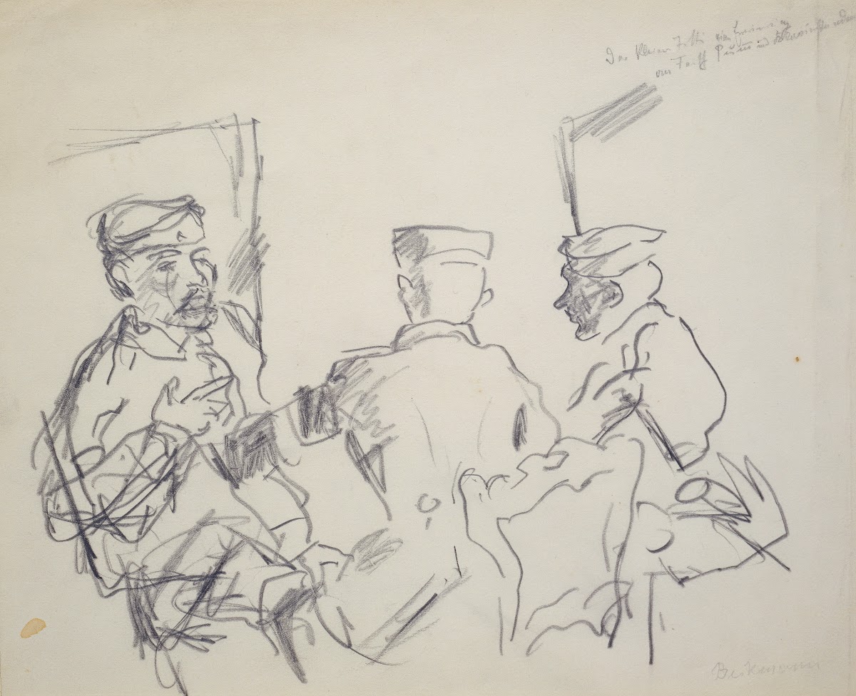 Drei Männer auf Stühlen sitzend 1915