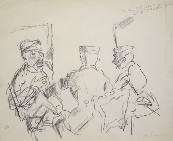 Drei Männer auf Stühlen sitzend 1915