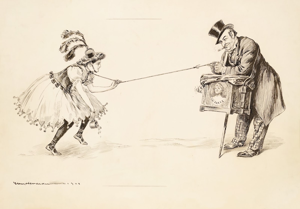 A wealthy man leans on a box with a picture of a gagged woman representing the p