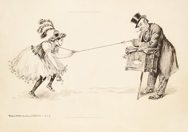 A wealthy man leans on a box with a picture of a gagged woman representing the p