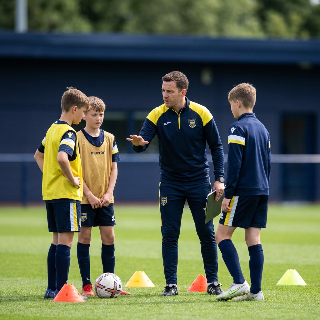 Close up of youth players training at an academy pitch with coach giving tactical instruction in club colours minimalist composition Funded Plays aesthetic athletic bilbao prediction