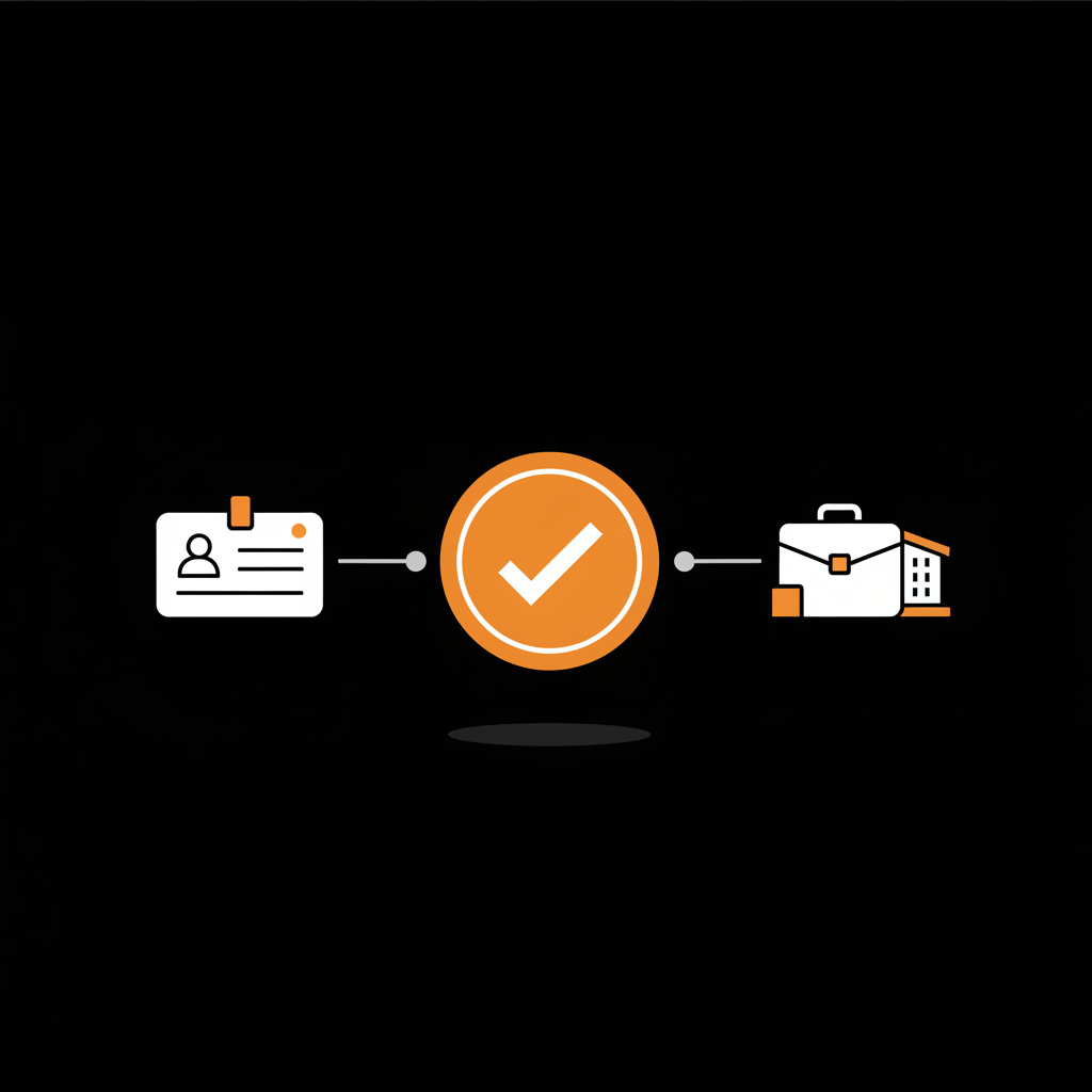 Minimal 2D vector infographic with a central verification badge and two diverging paths to an ID card icon and a briefcase icon illustrating Meta Verified requirements for individual and business verification.