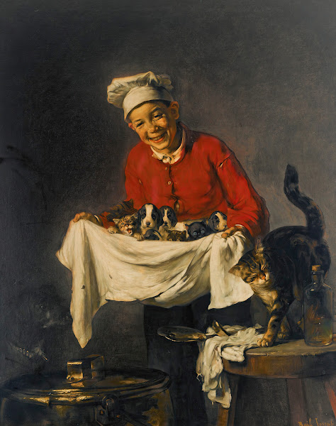 Jeune Commis Avec Chiots Et Chatons