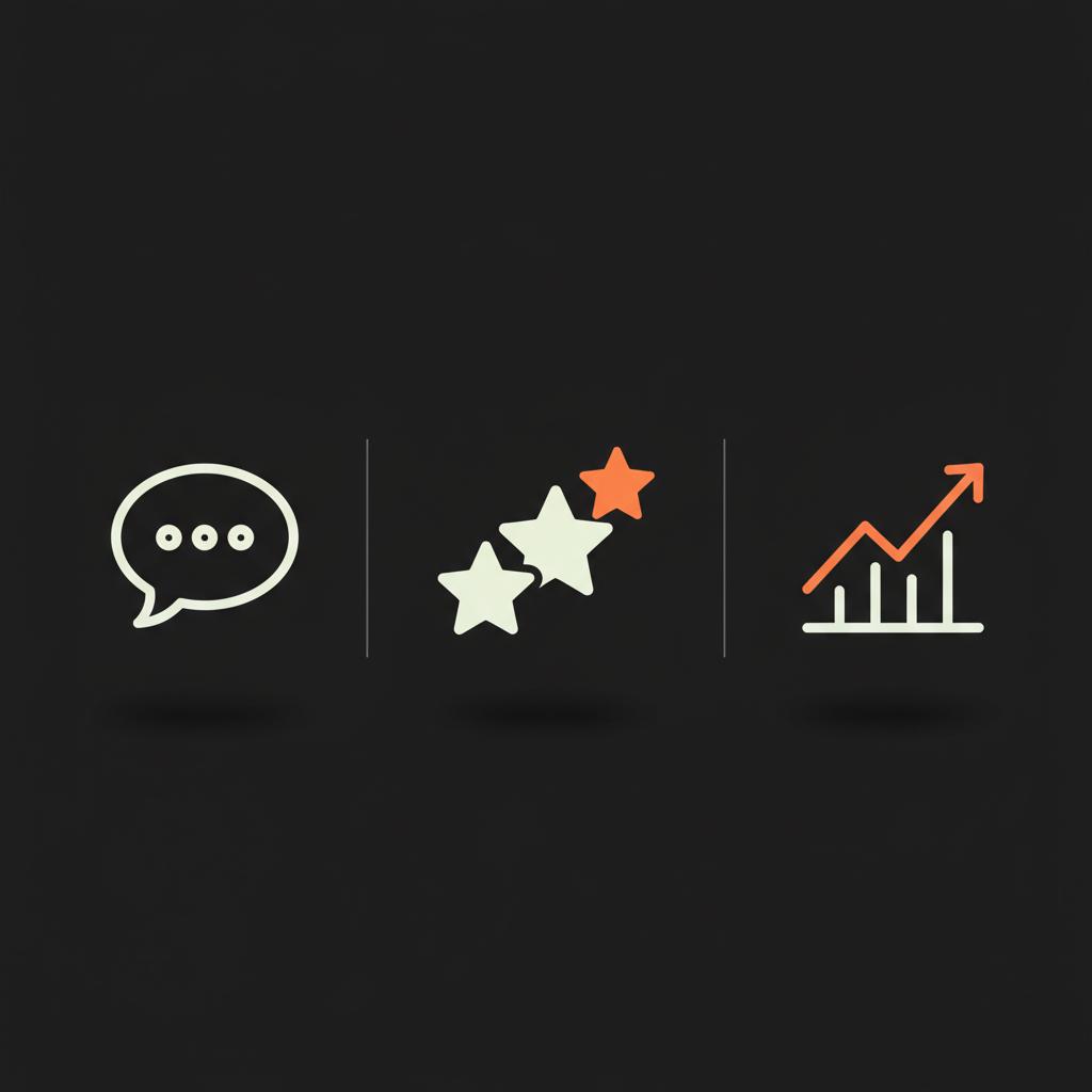 Flat 2D vector infographic on black background showing a calm reply bubble, a cluster of positive stars and an upward trend graph illustrating how to hide past reviews on Google