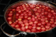 Cho quả chùm ruột vào nồi, thêm 300g đường, 1/3 muỗng cà phê muối, 1/2 muỗng canh gừng băm, 2 thanh quế, 1 chén nước lọc và vài giọt màu đỏ thực phẩm vào, trộn đều. Đun sôi nồi quả chùm ruột rồi hạ nhỏ lửa, đun liu riu và khuấy đều trong khoảng 30 phút.
